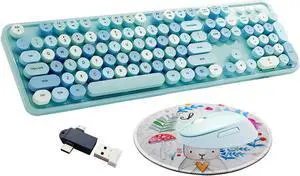 Seaciyan Wireless Keyboard and Mouse Combo, Ergonomic Cute Retro Typewriter Full Size Colorful USB Cordless Keyboard Mouse Set for Gaming and Office (Blue)