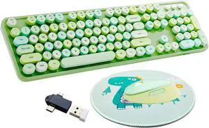 Seaciyan Wireless Keyboard and Mouse Combo, Ergonomic Cute Retro Typewriter Full Size Colorful USB Cordless Keyboard Mouse Set for Gaming and Office (Green)