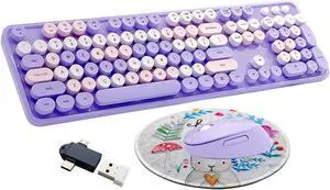 Seaciyan Wireless Keyboard and Mouse Combo, Ergonomic Cute Retro Typewriter Full Size Colorful USB Cordless Keyboard Mouse Set for Gaming and Office (Purple)