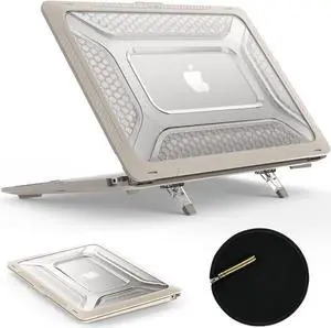 SEYMAC stock Case for MacBook Pro 16 inch 2024-2021 A3403 A3186 A2991 A2780 A2485, Shock-Absorbing Protection with Folding Stand &Mouse Pad/Bag Case for MacBook Pro 16'' M4/M3/M2/M1 (Beige)