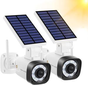 Techage Solar Battery Powered Metal Fake Security Camera, Dummy Cameras, Motion-Activated Floodlights, Realistic Look, Easy to Install, IP66 Waterproof, Warning Sticker Included, Pack of 2(White)