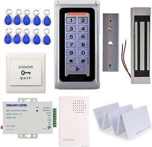 Waterproof Metal RFID Keypad Door Entry Systems & 600lbs Electric Magnetic Lock+110V Power Supply+Push to Exit Button+RFID Keychains/Cards