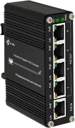 Mini Industrial Gigabit PoE Extender - 30W 10/100/1000Mbps One Input Four Output PoE Repeater, Din Rail & Wall Mount PoE Booster Compliant with IEEE 802.3at/af -40~+75