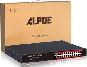 STEAMEMO 24-Port Gigabit Ethernet Unmanaged PoE Switch, 24 Gigabit PoE+ Ports@360W, 2 SFP Slots, Metal Casing, Fanless, 802.3AF/at, Plug and Play, Overload Protection w/ Port