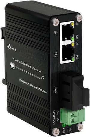 Mini Industrial 2 Ports Gigabit PoE Media Converter Din Rail Mount Hardened Fiber Media Converter 802.3af/at Optical Converter Single Mode 20km with SC Optic + 2 Rj45 Port 12~48V DC Input