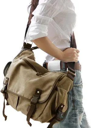 [Upgraded] Vintage Canvas Messenger Bag 13 15.6 17 inches Large Book Laptop Shoulder Bag Women Men New (Beige, Medium)
