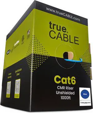 TRUE CABLE Cat6 Riser (CMR), 1000ft, Blue, 23AWG 4 Pair Solid Bare Copper, 550MHz, ETL Listed, Unshielded Twisted Pair (UTP), Bulk Ethernet Cable