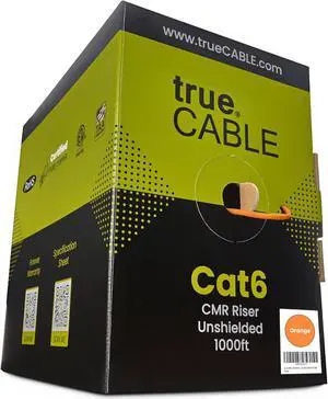 trueCABLE Cat6 Riser (CMR), 1000ft, Orange, 23AWG 4 Pair Solid Bare Copper, 550MHz, PoE++ (4PPoE), ETL Listed, Unshielded Twisted Pair (UTP), Bulk Ethernet Cable