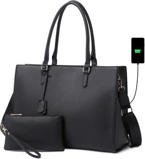 Laptop Bag for Women 17 inch Casual Work Bags for Women with USB Charging Port Laptop Tote Bag for Women with Clutch Purse (Black)