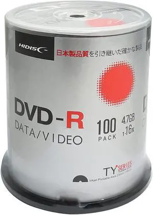 HIDISC TY Series DVD-R 16X 4.7GB White Inkjet Hub Printable DVD-R - 100 Cake Box