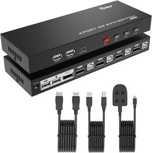 KVM Switch Displayport 4 Port, Yinker 4K@60Hz DP KVM Switch 4 in 1 Out 4 Computers 1 Monitor Switch with Cables, Hotkey, Wired Selector, 4 USB Hubs
