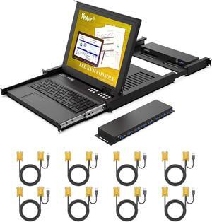 17" LCD KVM Console 8 Port VGA, Yinker Rackmount KVM Switch Fit 1U 19" Rack, Keyboard Monitor Touchpad Drawer Integrated + Cables