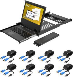 Yinker Rack Mount KVM w/17.3" LCD Monitor, 8 Port HDMI LCD KVM Switch 1920x1080@60Hz for 1U 19" Rack Supports OSD Menu/Hotkey, with 8 KVM Cables + Keyboard + Touchpad