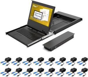 Yinker Rack Mount KVM w/17.3" LCD Monitor, 16 Port HDMI LCD KVM Switch 1920x1080@60Hz for 1U 19" Rack Supports OSD Menu/Hotkey, with 16 KVM Cables + Keyboard + Touchpad