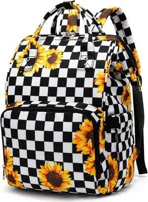Yusudan Laptop Backpack for Women, 15.6 inch College School Backpacks Bookbag for Work/School/Travel/Business (Checkered Sunflower)