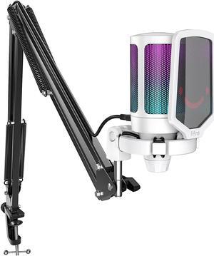 FIFINE Streaming Gaming USB Microphone Kit, PC Condenser RGB Mic Compatible with PS4/PS5, Plug and Play for Music Recording, Online Game, Discord, Twitch, with Pop Filter, Shock Mount-A6T White