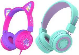 iClever BTH02 & Meow Lollipop Kids Headphones Bundles, Stereo Sound, Foladable, Adjustable Kids Headphones for School iPad Tablets Travel