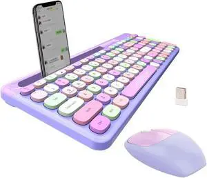 FOPETT 2.4GHz Wireless Keyboard and Mouse Set with Phone Holder - Compact Full-Size Keyboard - Compatible with Windows/Laptop/PC/Notebook - 888 Purple Colorful