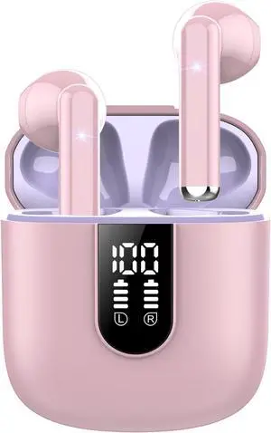 Jesebang Wireless Earbuds, 2024 Bluetooth 5.3 Headphones, Stereo Earphones with ENC Mic, Wireless Headphones in Ear Earbuds with Dual LED Display, 30H Playtime, Gym IP7 Waterproof, Pink