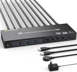 USB 3.0 KVM Switch HDMI 4 Port Support 4K@60Hz 2K@120Hz Simulation EDID,AOOCOO HDMI USB Switch for 4 Computers Share 1 Monitor and 4 USB 3.0 Port,with Desktop Controller and KVM Cables