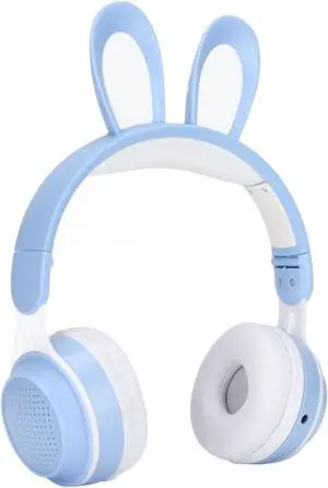 Foldable Bluetooth 5.0 Headphones with Microphone Cute Rabbit Ear Over Ear Headphones for Green Kids Teens Adults, 12 Hours of Listening Time, TF/Aux, Built in 7 LED
