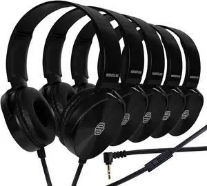 Sonitum Premium Classroom Headphone & Mic Set 3.5mm Jack Stereo Sound Earphones with Microphone & Soft Swivel On Ear Pads- Perfect for E-Learning, Meetings, Calls - Bulk Pack of 5 (Black)