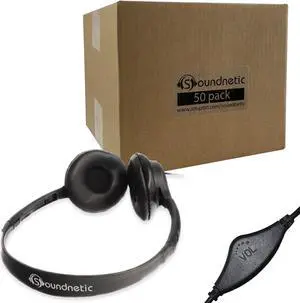 Soundnetic SNCCV Bulk Classroom Headphones 50 Pack - Stereo Headphones with Leatherette Earpads & Volume Control, Black - Ideal for Schools