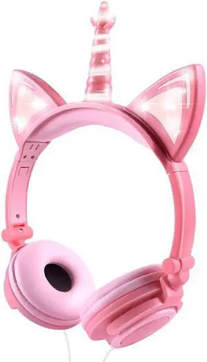isightguard Kids Headphones, Unicorn Headphones Wired Headphones,On Ear, Cat Ear Headphones with LED for Girls, 3.5mm Audio Jack for Cell Phone