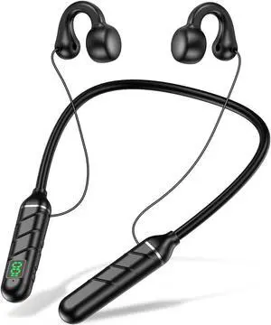 kurdene Open Ear Clip Bluetooth Wired Headphones,Neckband Earphones with TF Card Socket,100H Extra Long Playtime with Mic Clear Call Sport Bone Conduction for Running, Riding and Skating-Black