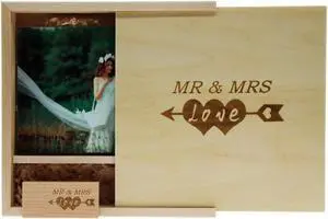 LXSINO 64GB Wood USB 3.0 Flash Drive with Laser Engraved Mr & Mrs Design - 64GB Wood USB Memory Stick with Photography Wood Box (170x170x35mm) for Bride, Groom (Maple)