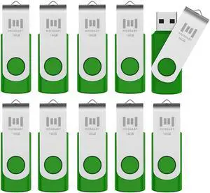 MOSDART USB2.0 16GB Flash Drive, Swivel Design with LED Indicator, Keychain Loop, FAT32 Memory Stick for Data Storage, Green(Pack of 10)