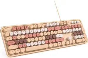 MOWUX Computer Keyboard Wired, Plug Play USB Retro Round Typewriter Keyboard, Full Size Wired Keyboard with Foldable Stands for Laptop and Office PC- Milk Tea Colorful