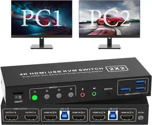 Dual Monitor KVM Switch HDMI 2 Port 4K60Hz EDID Emulator, KVM Switcher for 2 Computers 2 Monitors with Audio Output and 3 USB 3.0 Ports, Dual Monitor Support Cross Display, Copy and Extended Display
