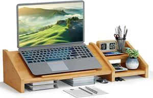 Ufine Bamboo Laptop Stand for Desk 3 Heights Adjustable Notebook Stand Computer Monitor Riser with 2 Tier Storage Shelf, Desktop Organizer Printer Stand for Home Office