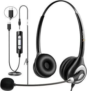Wantek Headset with Microphone for PC Wired Headphones - USB C 3.5mm Headsets with Noise-Cancelling Microphone for Laptop - Type-C Computer Headphones with Mic in-line Control for Home