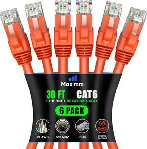Maximm Cat 6 Ethernet Cable 30 ft (6-Pack) - High-Speed LAN Cable, Internet Cable, Patch Cable, and Network Cable - UTP, 10Gbps, 550MHz Ethernet Cord - Orange
