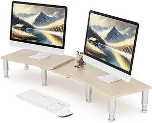 AX WABER Dual Monitor Stand Riser, Monitor Stand with Adjustable Length and Angle, Wood Monitor Stand for Desk, Monitor Riser for 2 Monitors with Storage Space