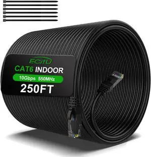 250FT Cat6 Ethernet Cable, Cat 6 Patch Cable, Cat6 Internet Cable, UTP Network Cable, Indoor and Outdoor, PoE, 24AWG CCA, Compatible for PC, Laptop, Router, Switch, Server, with 25 Cable Ties - Black