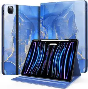 Zonefoker Case for New iPad Pro 12.9 inch 6th/5th/4th/3rd Generation 2022/2021/2020/2018, 12.9'' ipad Pro Leather Protective Cover 6/5/4/3 Gen with Pencil Holder, Auto Wake/Sleep, Marble Gary Blue