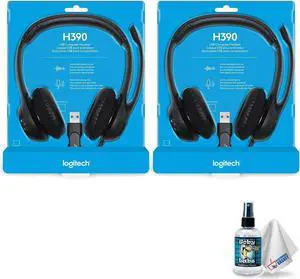 Logitech USB Headset H390 with Noise Cancelling Microphone - Includes Headphone Cleaner with Microfiber Cleaning Cloth - 2 Pack Bundle