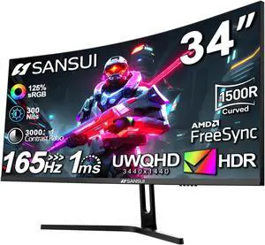 SANSUI 34-Inch Curved Gaming Monitor UWQHD 3440 x 1440 165Hz Curved 1500R - PIP/PBP, 1ms(MPRT), HDR, 300nits, sRGB 125%, DCI-P3 95%,FreeSync,HDMI x2,DP1.4 x2 (ES-G34C5 DP Cable Included)