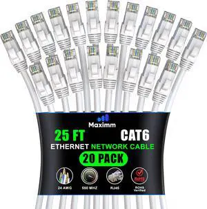 Maximm Cat 6 Ethernet Cable 25 ft (20-Pack) - High-Speed LAN Cable, Internet Cable, Patch Cable, and Network Cable - UTP, 10Gbps, 550MHz Ethernet Cord - White