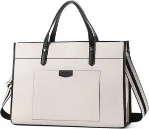 CLUCI Laptop Tote Bag for women 15.6 inch Computer Briefcase Leather Work Shoulder Bags Handbag for Office,School,Travelbeige with black