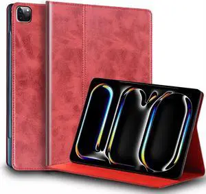 NANRUIL for Ipad Pro 11-inch Case M4 5th Gen 2024(Model:A2836/A2837) Genuine Leather Cover Protective Shell,Auto Wake/Sleep.Red