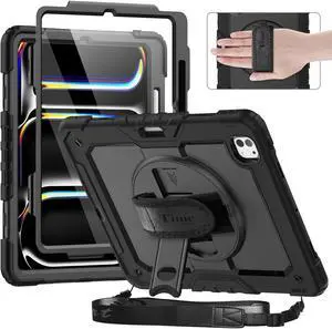 Timecity Case for iPad Pro 13 Inch M4 2024 7th Generation(Model: A2925, A2926, A3007) with Built-in Screen Protector, 360deg Rotating Stand, Adjustable Shoulder Strap, Cutouts, Pencil Holder, Black