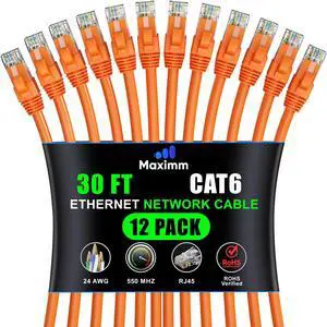 Maximm Cat 6 Ethernet Cable 30 ft (12-Pack) - High-Speed LAN Cable, Internet Cable, Patch Cable, and Network Cable - UTP, 10Gbps, 550MHz Ethernet Cord - Orange