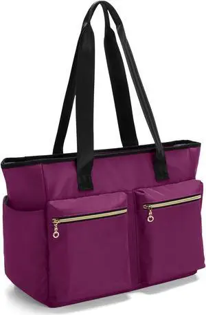 Damero Teacher Tote Bag, Teacher Utility Tote Bag with Zip Top and Padded Sleeve for up to 15.6'' Laptop for Work, Office, Business, Purple(Upgraded)
