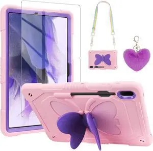 WESADN for Samsung Galaxy Tab S8 Plus/S7 FE Case 12.4 inch with Screen Protector/Butterfly Kickstand/Lanyard/Keychain/Pencil Holder Rugged Case for Kids Girls for S8 Plus/S7 FE /S7 Plus Pink Purple