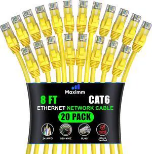 Maximm Cat 6 Ethernet Cable 8 ft (20-Pack) - High-Speed LAN Cable, Internet Cable, Patch Cable, and Network Cable - UTP, 10Gbps, 550MHz Ethernet Cord - Yellow