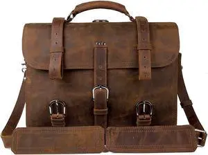 Augus Leather Messenger Bag for Men Briefcase Travel Backpack Shoulder Bag Fit 17'' Laptop